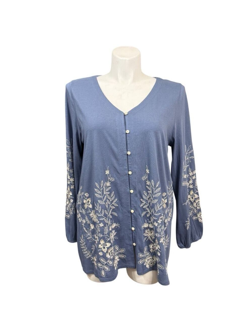 J.Jill Embroidered Button Front Knit Top Size Large Blue Floral